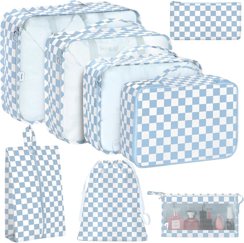 KPX 8 Set Packing Cubes for Travel, Luggage Packing Organizers Accessories Large Toiletries Bag for Clothes Shoes Cosmetics (Blue Checkered) - Image 1